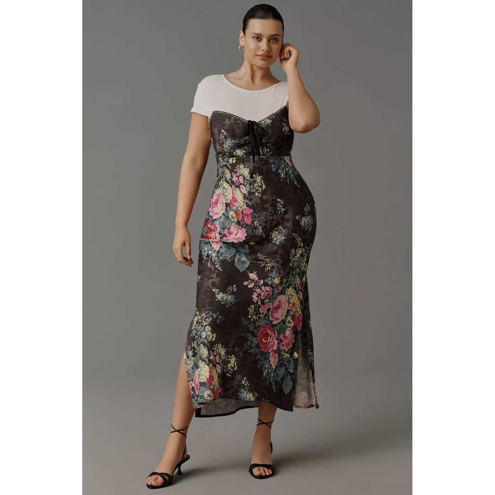 Anthropologie Twofer Midi Slip Dress Black Floral Lace Trim Size XL 90s Boho NWT